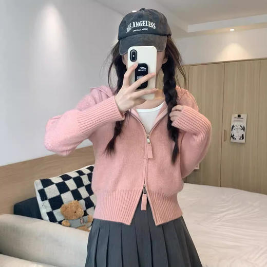 早春秋【纯欲风针织开衫】新款双头拉链长袖 修身显瘦短款上衣 连帽开衫 商品图3