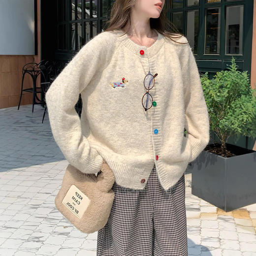 【甜美圆领彩扣外套】小狗图案长袖毛衣开衫 春秋季 韩系百搭外套上衣 商品图1