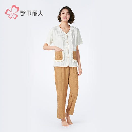 都市丽人女士梭织棉短袖套装薄梭织皱布提条生活家居短袖类LHH1E3 商品图1