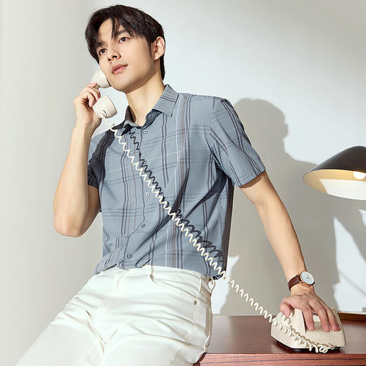 【高端系列】柒牌格纹提花短袖衬衫男士夏季新款时尚休闲弹力衬衣128A71720 商品图2