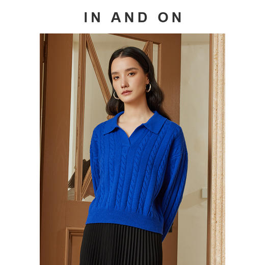 自然宠溺 100%羊毛V领翻领绞花毛衣 商品图3