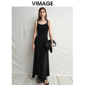 VIMAGE纬漫纪时尚露背基础款简约宽吊带黑色礼服连衣裙2025春季新款V2377905