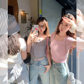 <曾小咸推荐>韩系简约方领短袖针织衫T恤