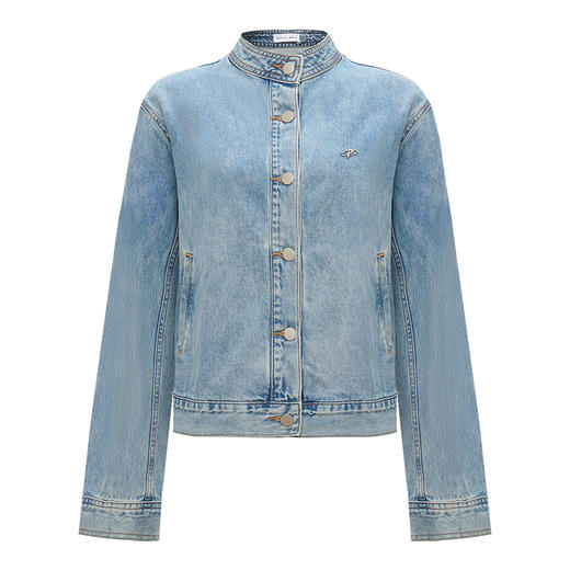 【2件9折】【Petit Bari】复古利落立领牛仔外套长袖浅蓝色宽松 商品图1