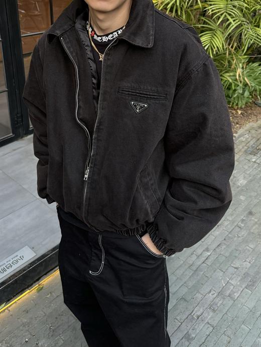 P家 24fw 重磅水洗做旧深棕褐色丹宁水洗牛仔棉服翻领bomber夹克 商品图2