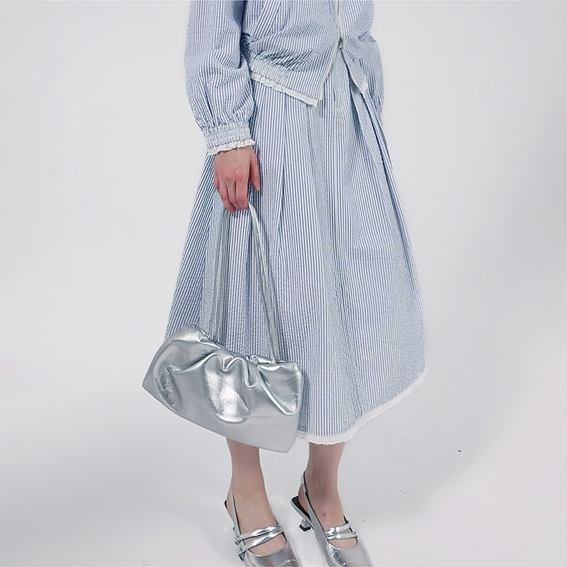 【2件9折】【Petit Bari】肌理感条纹刺绣百褶半裙长裙