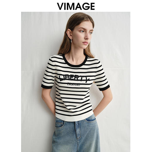 VIMAGE纬漫纪经典复古黑白条纹修身针织衫2025春季新款V2301908 商品图3