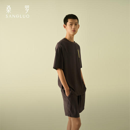 桑罗睡衣素绉缎反做圆领新款男睡衣短款男士套装可外穿 商品图3