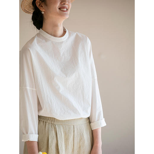 牧衣游原创 100支新疆棉衬衫女新款圆领白色简约百搭长袖 四季香 商品图3