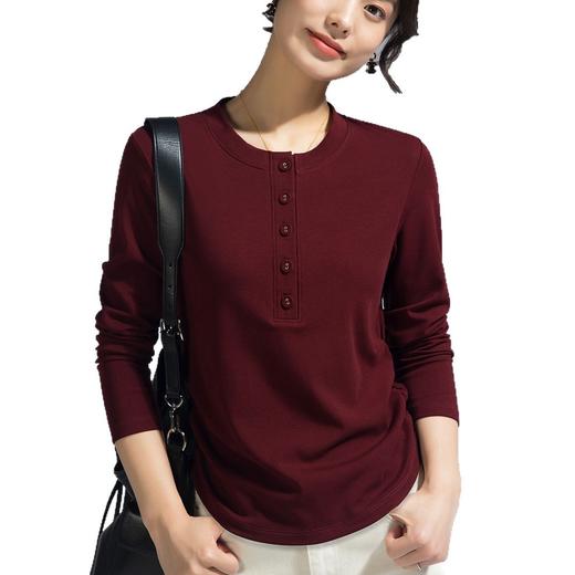 丁摩 春季女装长袖T恤女新款修身打底衫打褶圆领纽扣休闲女式t小衫5ZF-M655 商品图4