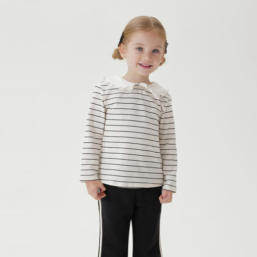 马克珍妮女童花边娃娃领条纹长袖T恤 儿童打底衫秋装新款241180 商品图3