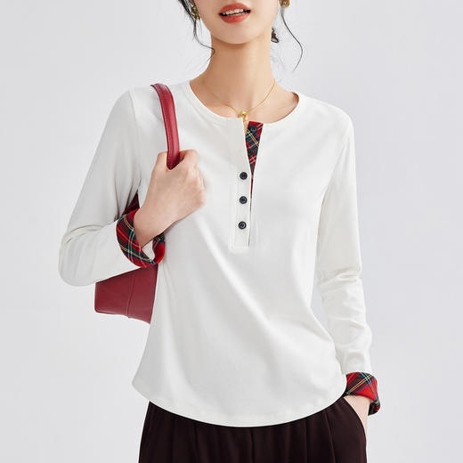 百媚生 早春季新款格纹格子拼接针织打底衫女内外搭黑色长袖上衣女M667 商品图1