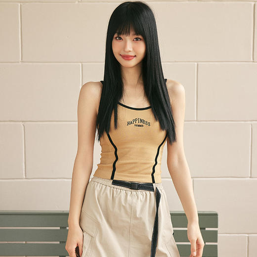 Leorrey/乐拉复古风撞色人鱼线舒适细肩带刺绣美背运动背心 商品图3