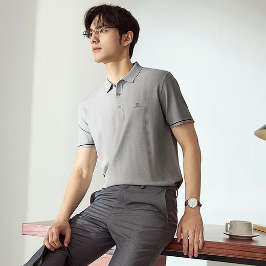 【高端系列】柒牌男士短袖polo衫夏季新款条纹提花伊力特弹力上衣128T71220 商品图1