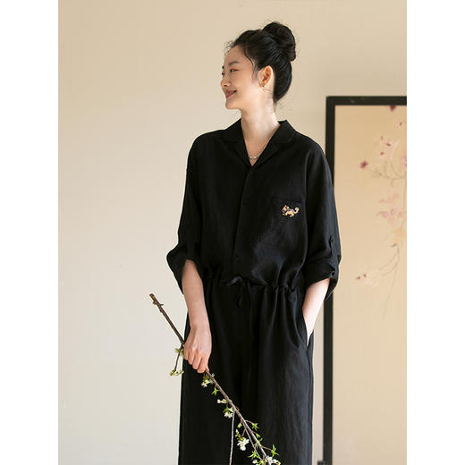 牧衣游原创 刺绣麻料素色连体裤女新款宽松黑色显瘦休闲裤 半冬雨 商品图1