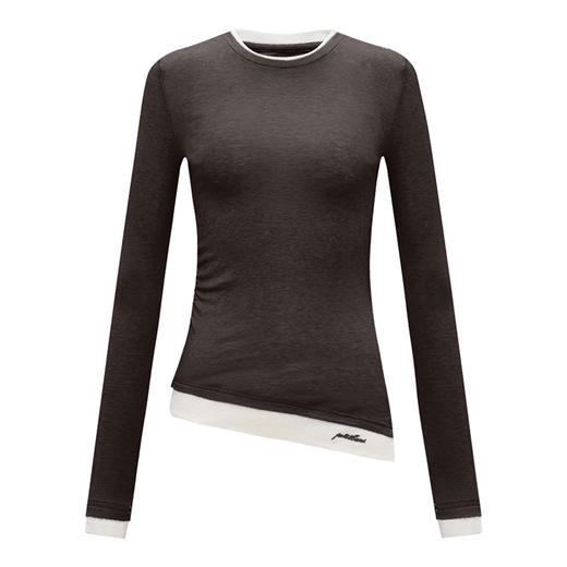 【2件9折】【Petit Bari】(多色)不对称假两件显瘦开衩T恤长袖设计感舒适亲肤 商品图2