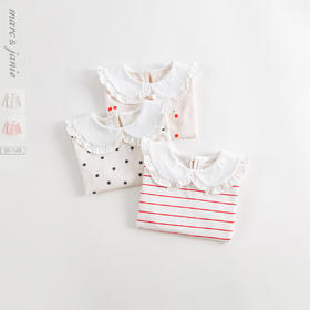 马克珍妮女童花边娃娃领条纹长袖T恤 儿童打底衫秋装新款241180