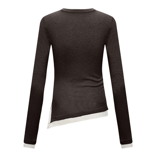 【2件9折】【Petit Bari】(多色)不对称假两件显瘦开衩T恤长袖设计感舒适亲肤 商品图4