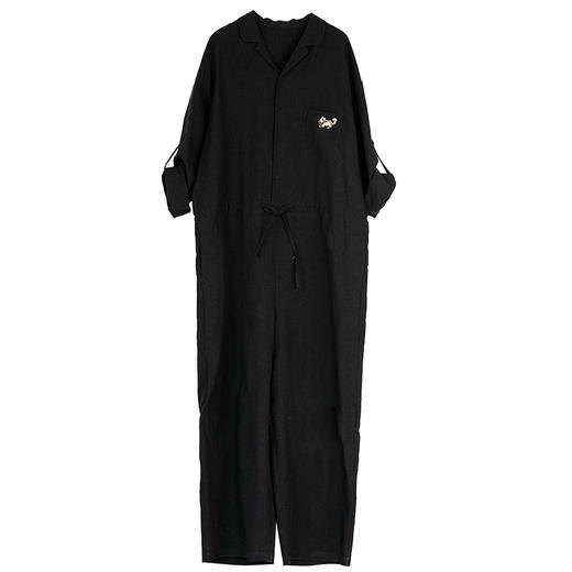 牧衣游原创 刺绣麻料素色连体裤女新款宽松黑色显瘦休闲裤 半冬雨 商品图4