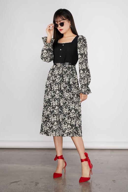 ANSUABEL 珍珠装饰针织碎花收腰连衣裙 11475 商品图1