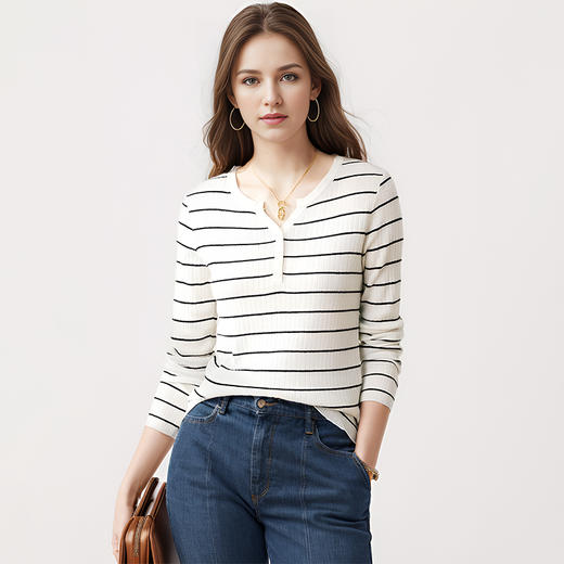 【2件9折】【Petit Bari】(多色)女士条纹针织羊毛衫懒人必备可机洗羊毛衫 商品图0