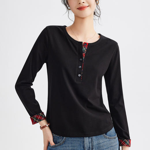百媚生 早春季新款格纹格子拼接针织打底衫女内外搭黑色长袖上衣女M667 商品图3