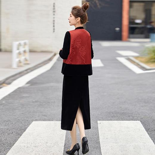 新中式国风连衣裙套装，盘扣提花马甲丝绒长裙两件套HR-ASLZ9657 商品图3