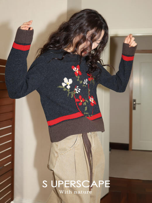 SUPERSCAPE素舶 澳洲美利奴羊毛手绘花瓶提花撞色短款圆领针织衫 商品图1