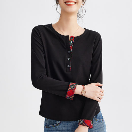 百媚生 早春季新款格纹格子拼接针织打底衫女内外搭黑色长袖上衣女M667 商品图6