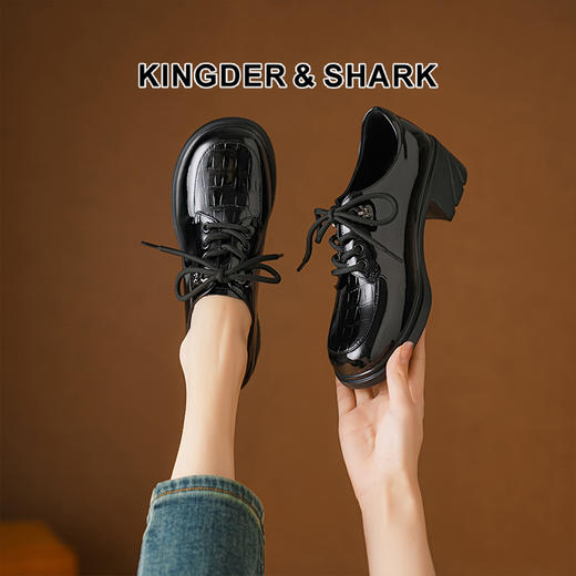 经典鲨女鞋2025年春季新款百搭黑色圆头系带中粗跟单鞋小皮鞋KC19-517011 商品图0