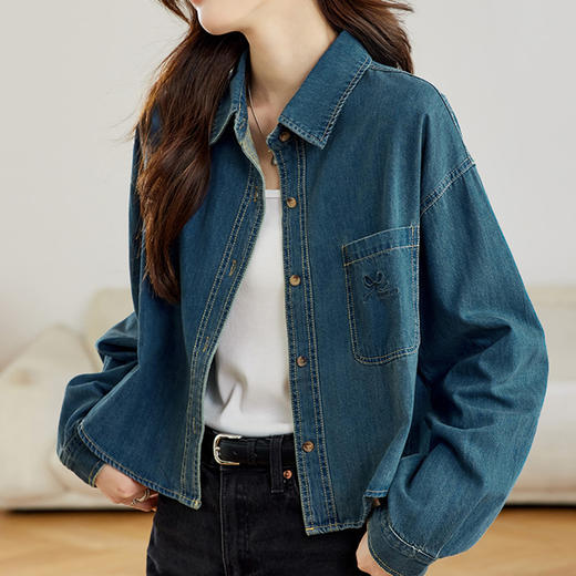 馥迦刺绣口袋做旧复古牛仔外套 商品图3