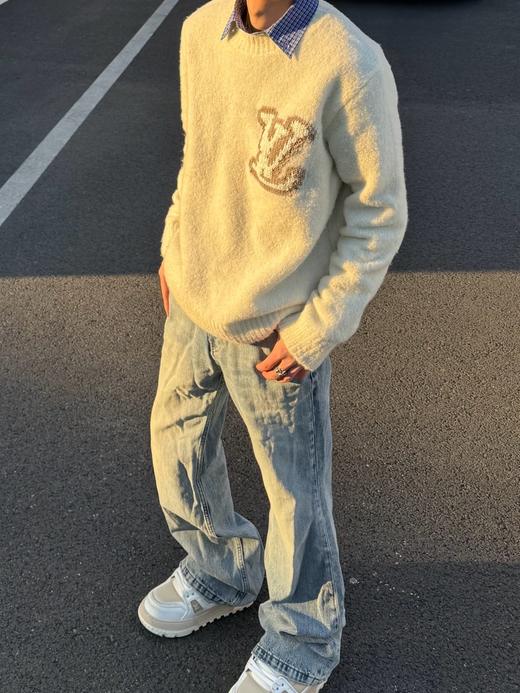 驴家 25ss嵌花镜像米白圆领羊毛耗牛毛套头毛衣 商品图7