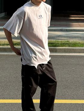 B家 24FW新款双环字母刺绣下摆流苏破坏短袖tee