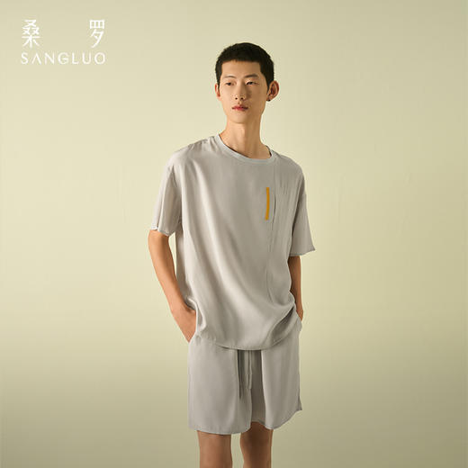 桑罗睡衣素绉缎反做圆领新款男睡衣短款男士套装可外穿 商品图0