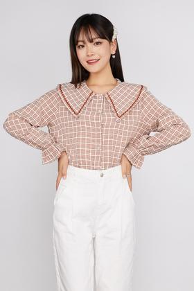 ANSUABEL 娃娃领珍珠扣饰格纹衬衣 11470