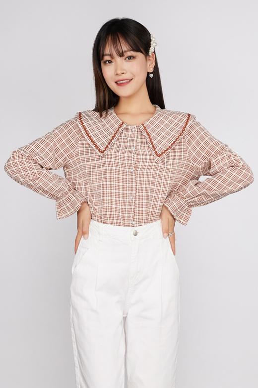 ANSUABEL 娃娃领珍珠扣饰格纹衬衣 11470 商品图0