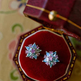 龢盒原创 粉蓝配色群镶宝石耳钉