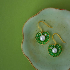 龢盒原创 风中荷香，清露珐琅耳环