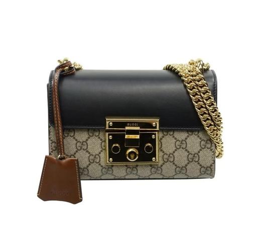 GUCCI古驰 Padlock 月光宝盒系列金属锁头老花Logo 帆布拼皮 帆布包锁扣包盒子包单肩斜挎包 小号 女款 乌木色/黑色 商品图0