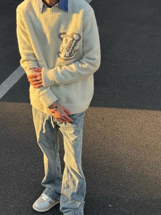 驴家 25ss嵌花镜像米白圆领羊毛耗牛毛套头毛衣 商品图8