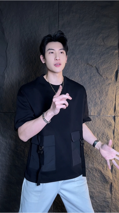 WZ39春夏新款纯色短袖飘绳口袋设计日常休闲宽松潮流百搭T恤