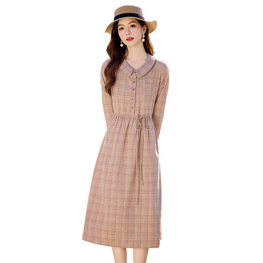 HR-SYY2676文艺格子中长裙春季2025优雅收腰复古系带长袖格纹气质显瘦连衣裙 商品图4