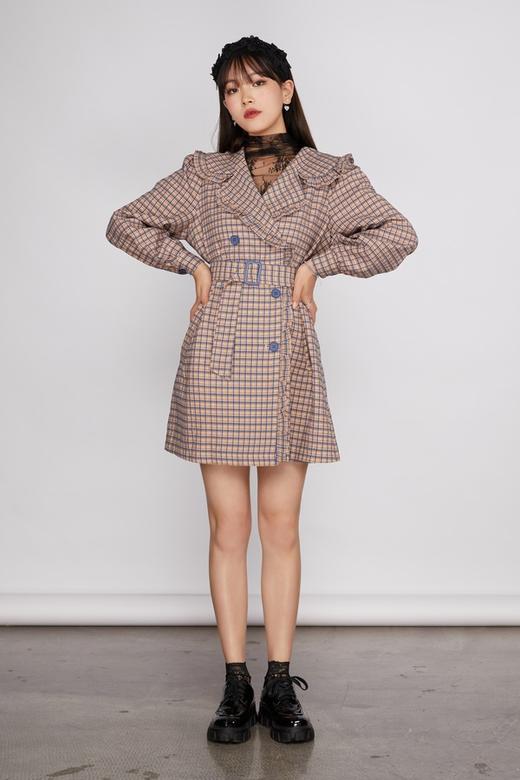 ANSUABEL 时尚粉蓝格纹翻领连衣裙 11485 商品图4
