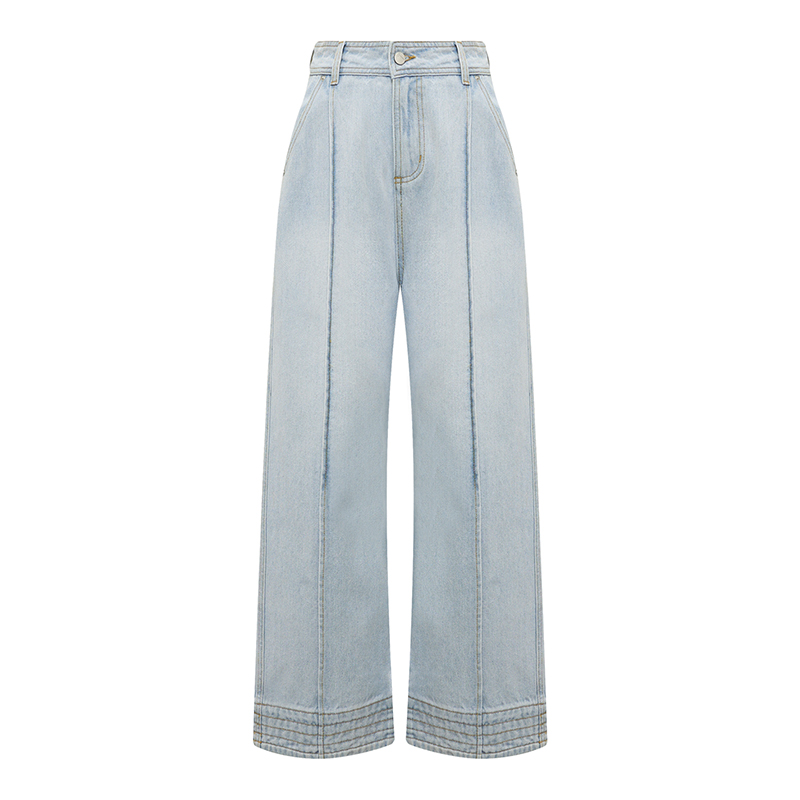 【2件9折】【Petit Bari】设计感线条水洗女士牛仔长裤设计感水洗浅色