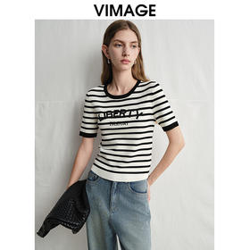 VIMAGE纬漫纪经典复古黑白条纹修身针织衫2025春季新款V2301908