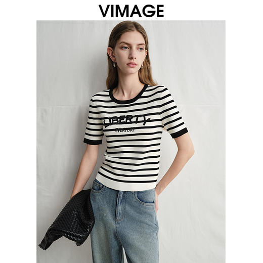 VIMAGE纬漫纪经典复古黑白条纹修身针织衫2025春季新款V2301908 商品图0