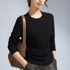 丁摩 春季女装长袖T恤女新款修身打底衫打褶圆领纽扣休闲女式t小衫5ZF-M655