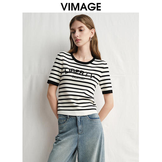VIMAGE纬漫纪经典复古黑白条纹修身针织衫2025春季新款V2301908 商品图5