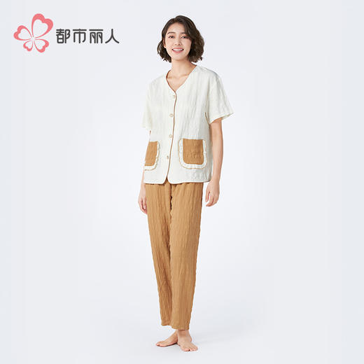 都市丽人女士梭织棉短袖套装薄梭织皱布提条生活家居短袖类LHH1E3 商品图2