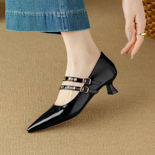 【预售5天】英伦风双条带小猫跟尖头浅口高跟鞋牛皮里外全皮时尚单鞋DB&M6167 商品图4